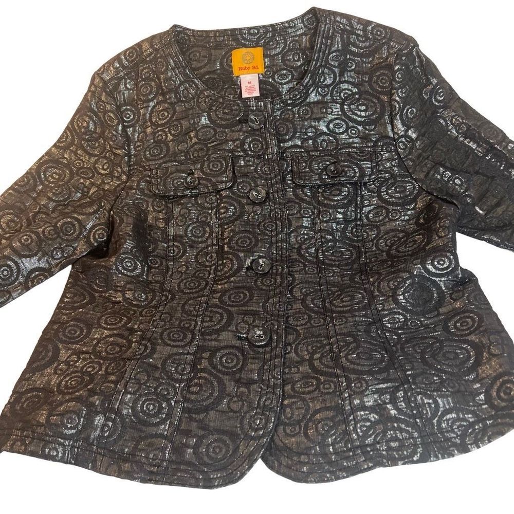 Ruby RD Women's Shiny Sparkly Metallic Button-down Blazer Black Size 14 NWT